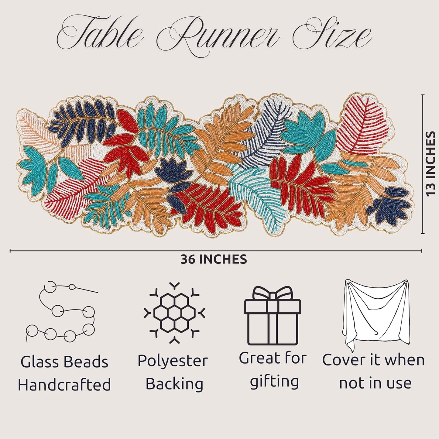 Beaded Table Runner 13x36 - Handmade Leaf Design, Glass Beads & Polyester Backing - Decorative Dining Table Centerpiece for Weddings, Parties, Thanksgiving, Christmas & Everyday Décor - CLEENTABLE