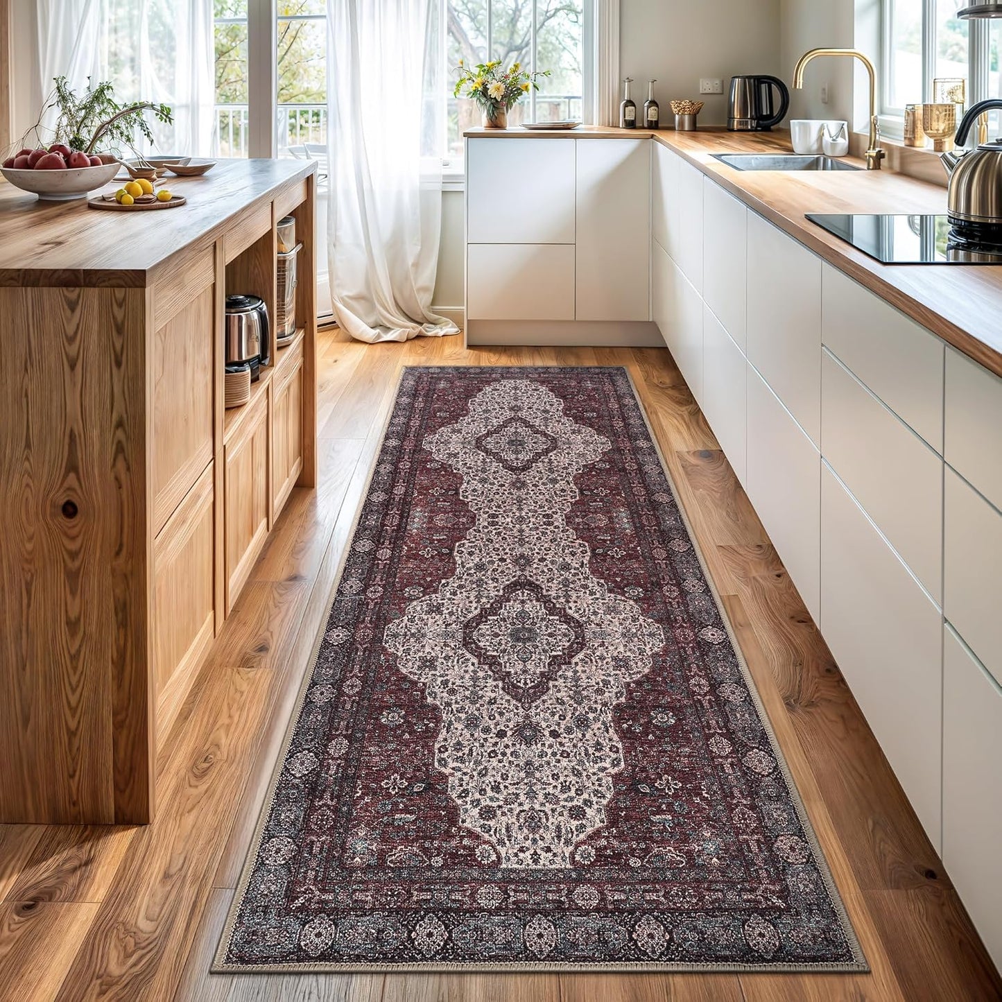 Bloom Rugs Washable Non-Slip 7 ft Runner - Red/Green/Cream Traditional Medallion Runner for Entryway, Hallway, Bathroom, and Kitchen - Exact Size: 2.5' x 7'