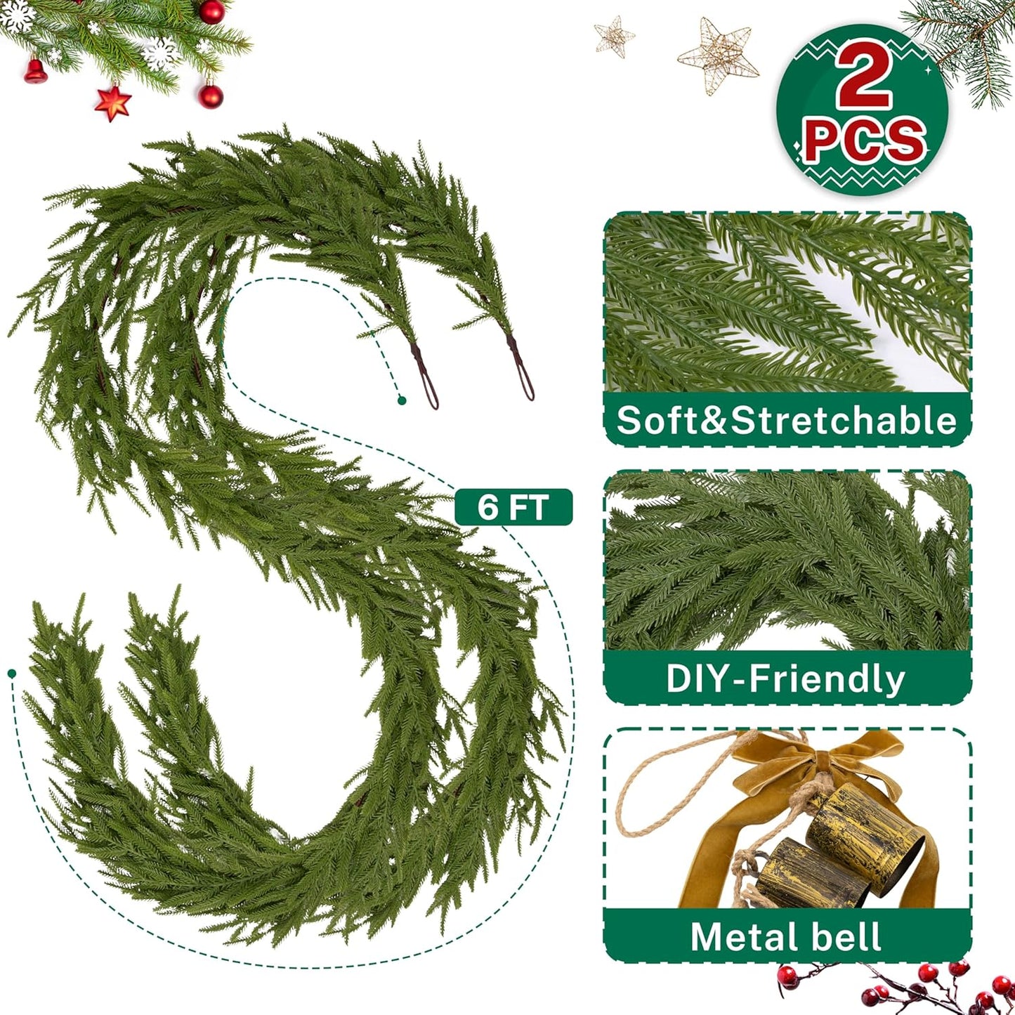 2 Pcs 6FT Christmas Garlands Norfolk Pine Garland - Real Touch Winter Pine Garland, Artificial Norfolk Tree for Indoor Outdoor Holiday Decor, Fireplace Mantel, Door, Porch (Yellow Bell)