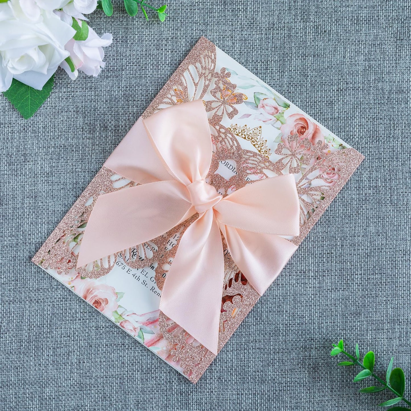 20 PCS 5.12x7.2 Butterfly Quinceanera Invitation, Laser Cut Wedding Invitation Cards with Envelopes for XV Anos Bridal Shower Baby Shower Invite (Rose Gold Glitter)