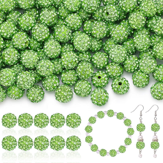 200pcs 10mm Rhinestone Beads for Jewelry Making, Light Green Shiny Round Disco Ball Beads Bulk, Sparkle Crystal Clay Christmas for Bracelet Baseball Necklace Earring Crafting and DIY