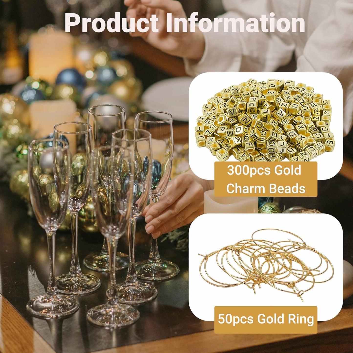 50 Sets Wine Glass Charms, Wine Charms for Stem Glasses, DIY Reusable Drink Markers for Weddings & Bachelorette with Alphabet Beads