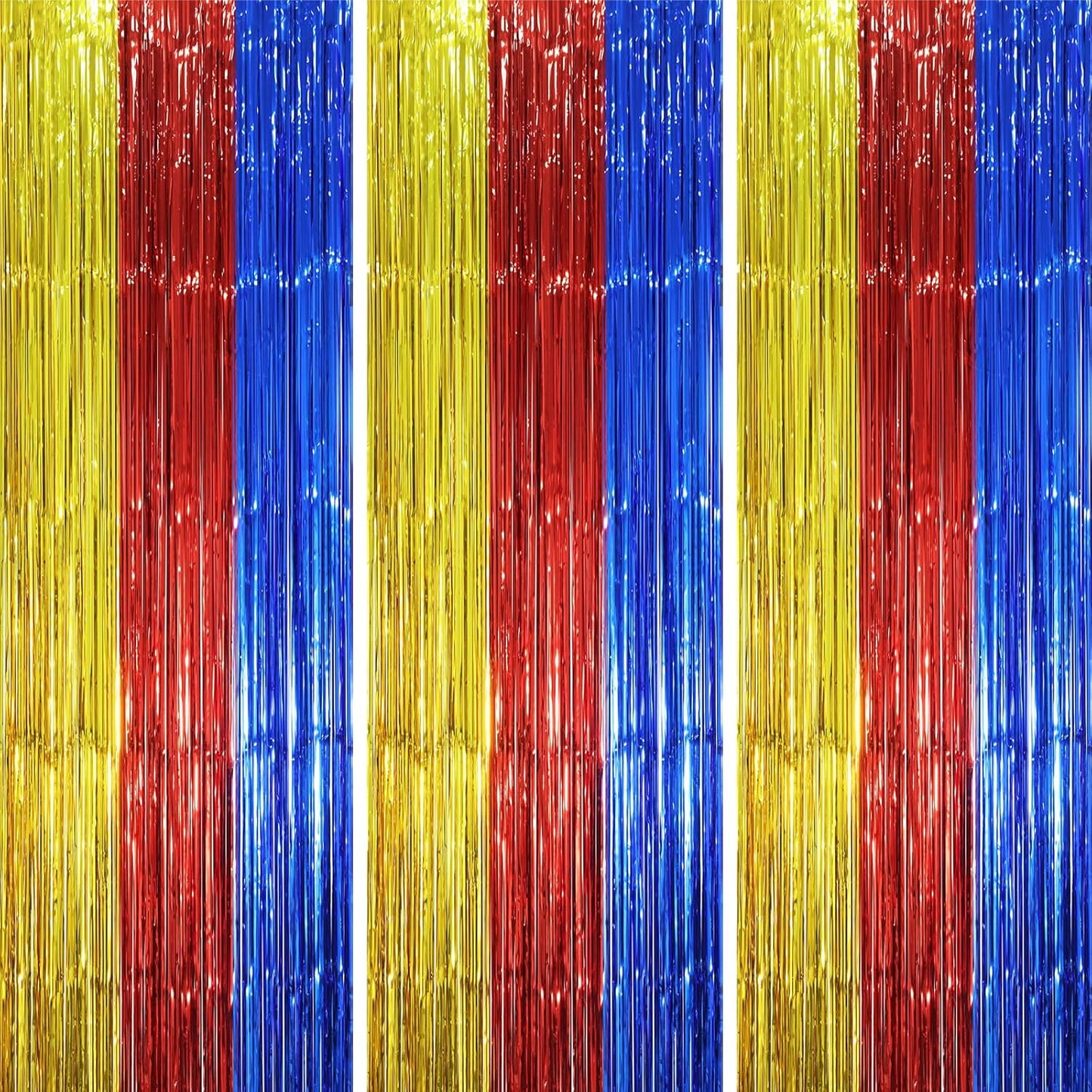 3 Pack 3.3 x 8.2 ft Blue Red Gold Foil Fringe Backdrop Curtains, Tinsel Streamers Party Decorations, Fringe Backdrop, Door Shimmer for Birthday Party