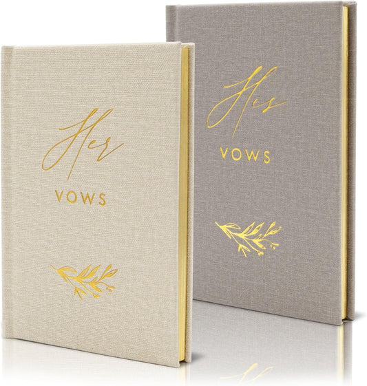 His and Her Vow Books (Set of 2) - Grey & Ivory Hard Cover Gold Embossed Notebook Journal Diary for Nuptial Wedding Cerenomy Vow Renewal / Engagement Gift for Newly Engaged Couples at Bridal Shower