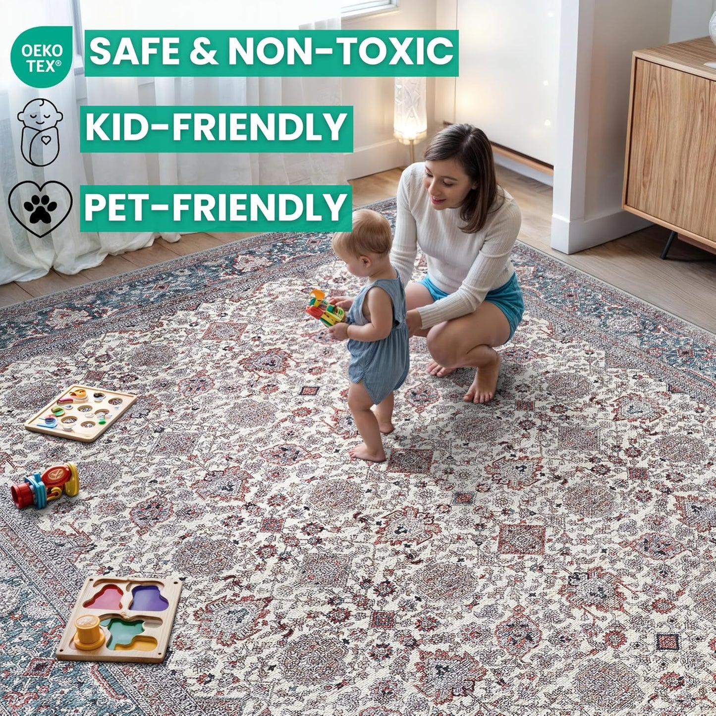 Bloom Rugs Washable Non-Slip 10 ft Runner - Teal/Blue/Beige Traditional Oriental Runner for Entryway, Hallway, Bathroom, and Kitchen - Exact Size: 2.5' x 10'