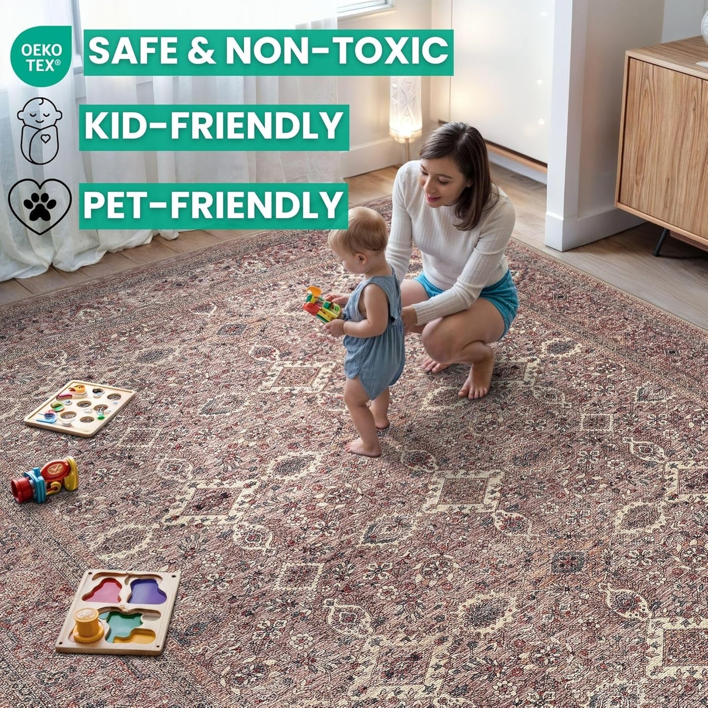 Bloom Rugs Washable Non-Slip 5' x 7' Rug - Beige Traditional Bordered Area Rug for Living Room, Bedroom, Dining Room, and Kitchen - Exact Size: 5' x 7'