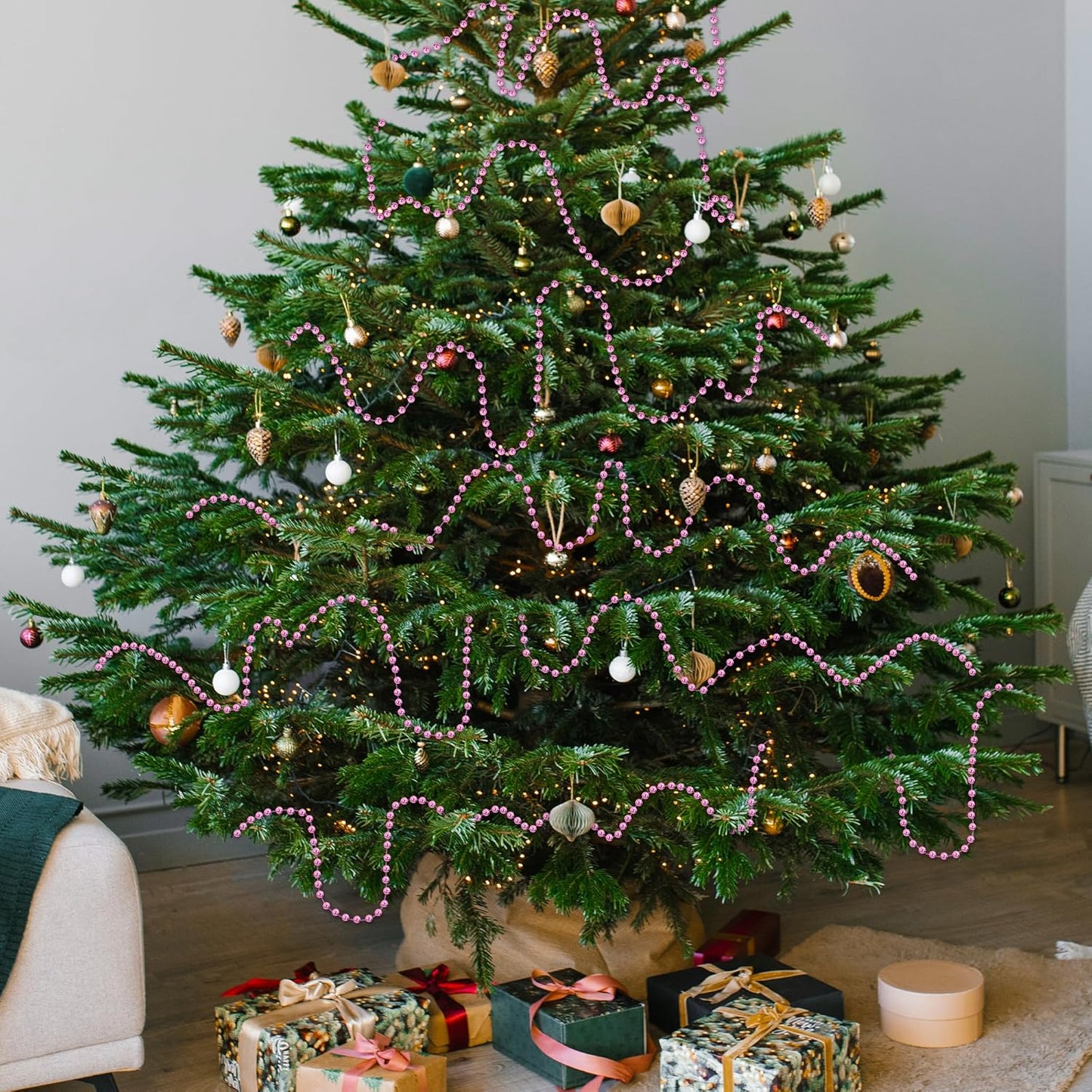 100 FT Pink Christmas Tree Beads Garland, Plastic Xmas Tree Beads Trim Chain Roll for Home, DIY Fireplace Holiday Decor Hanging Ornaments