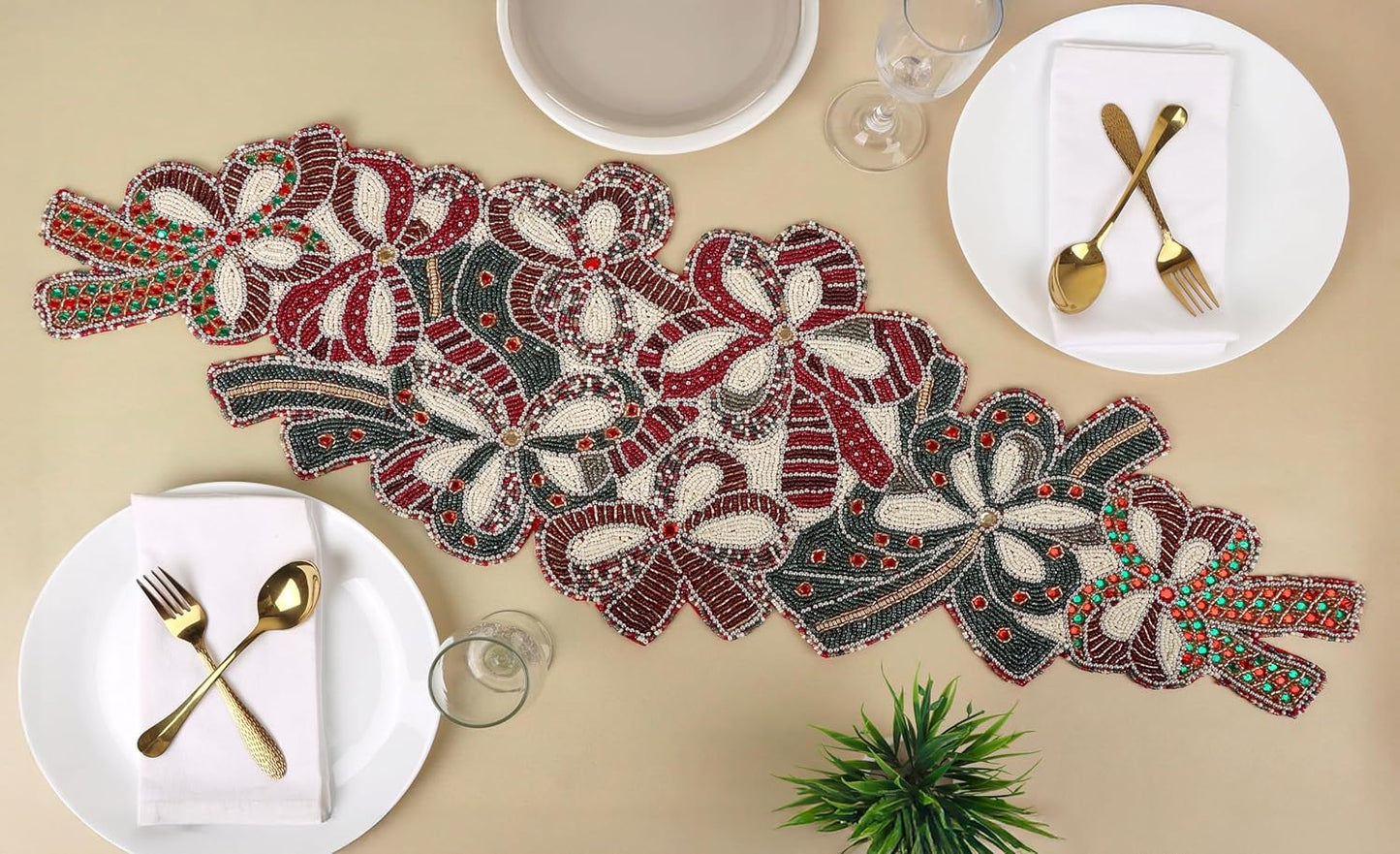 Elegant Glass Beads Table Runner 13x36 - Handcrafted Beaded Table Linen, Perfect for Weddings, Festive Celebrations, Dining Tables, Home Décor, and Everyday Use (Red White) - CLEENTABLE