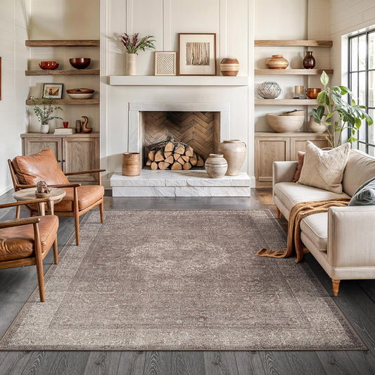 Bloom Rugs Washable Non-Slip 6' x 9' Rug - Taupe/Beige Traditional Medallion Area Rug for Living Room, Bedroom, Dining Room, and Kitchen - Exact Size: 6' x 9'