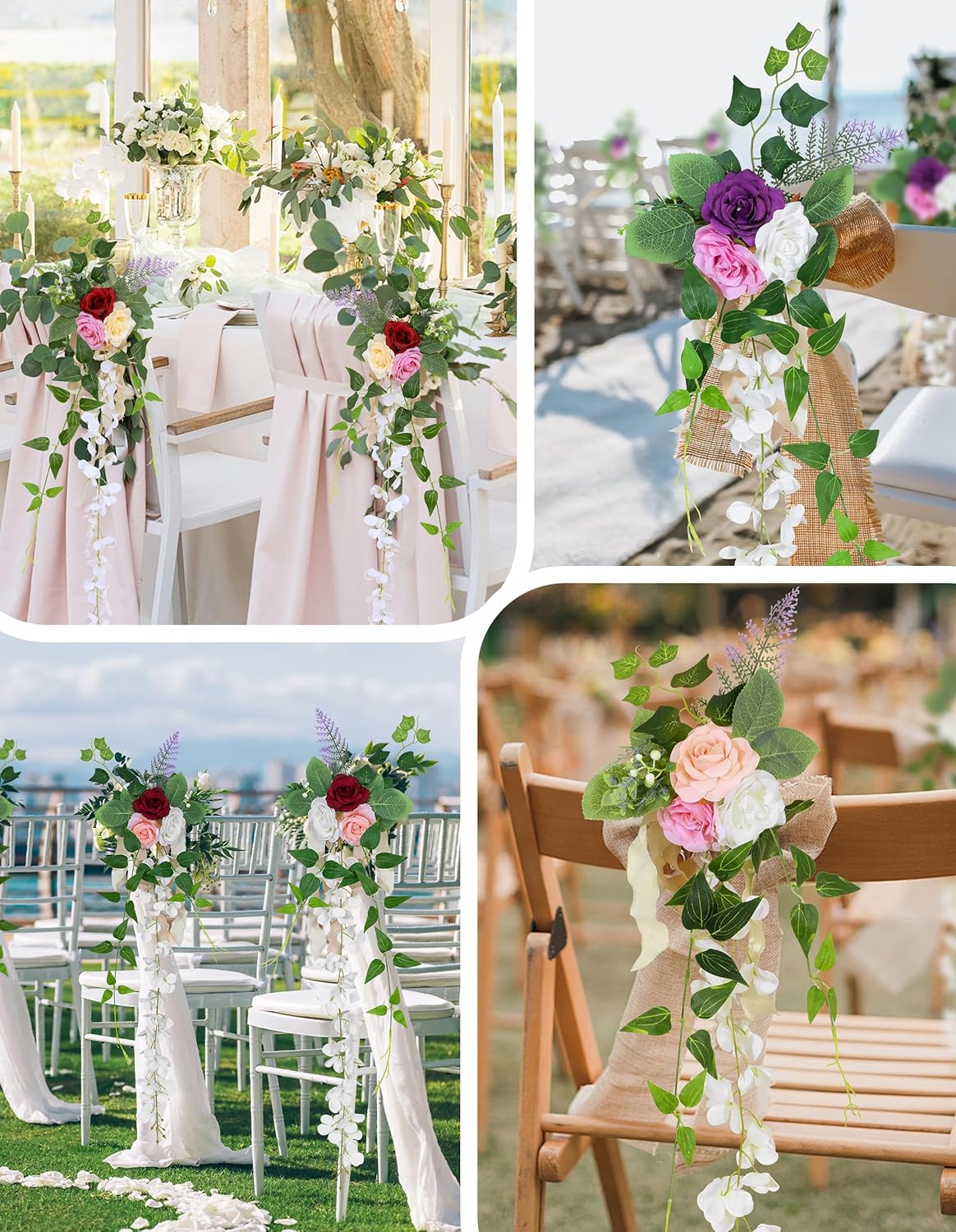 Wedding Aisle Decorations Set of 10 Chair Back Flowers Floral Pew Wedding Decorations for Ceremony with Chiffon Ribbons Fall Decor