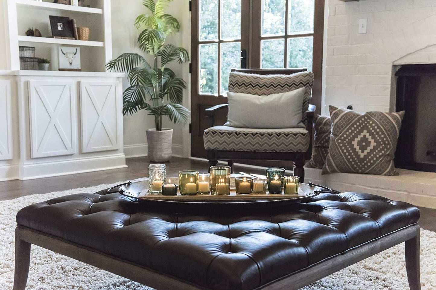 Creative Co-Op Wood Tray with 9 Green Glass Votive Holders