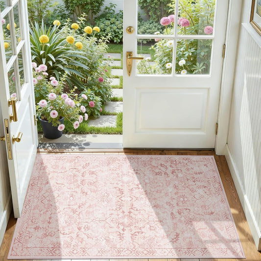 Pink Area Rug 2x3 Entryway Rug for Bedroom Bathroom, Non-Slip Low-Pile Washable Distressed Boho Carpet Retro Accent Doormat for Laundry Room Hallway Kitchen 24x36 Inch