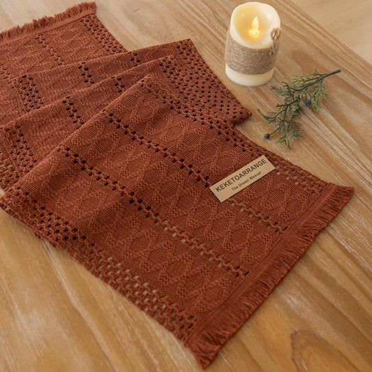 Boho Rust Table Runner for Home Decor 12x72 Inches Farmhouse Macrame Burlap Jute Rustic Dining Kitchen Centerpiece Bohemian Decor French Country Baby Bridal Shower Decorations
