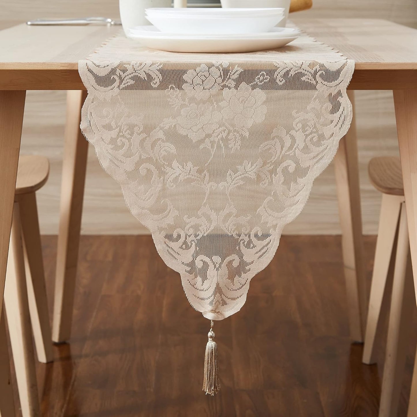 LinenZone Linen Table Runner with 2 Tassels for Rustic Vintage Decor. Lace Table Runner Works Great As Wedding, Thanksgiving or Christmas Decor. (Mia 14 x 96, Linen)