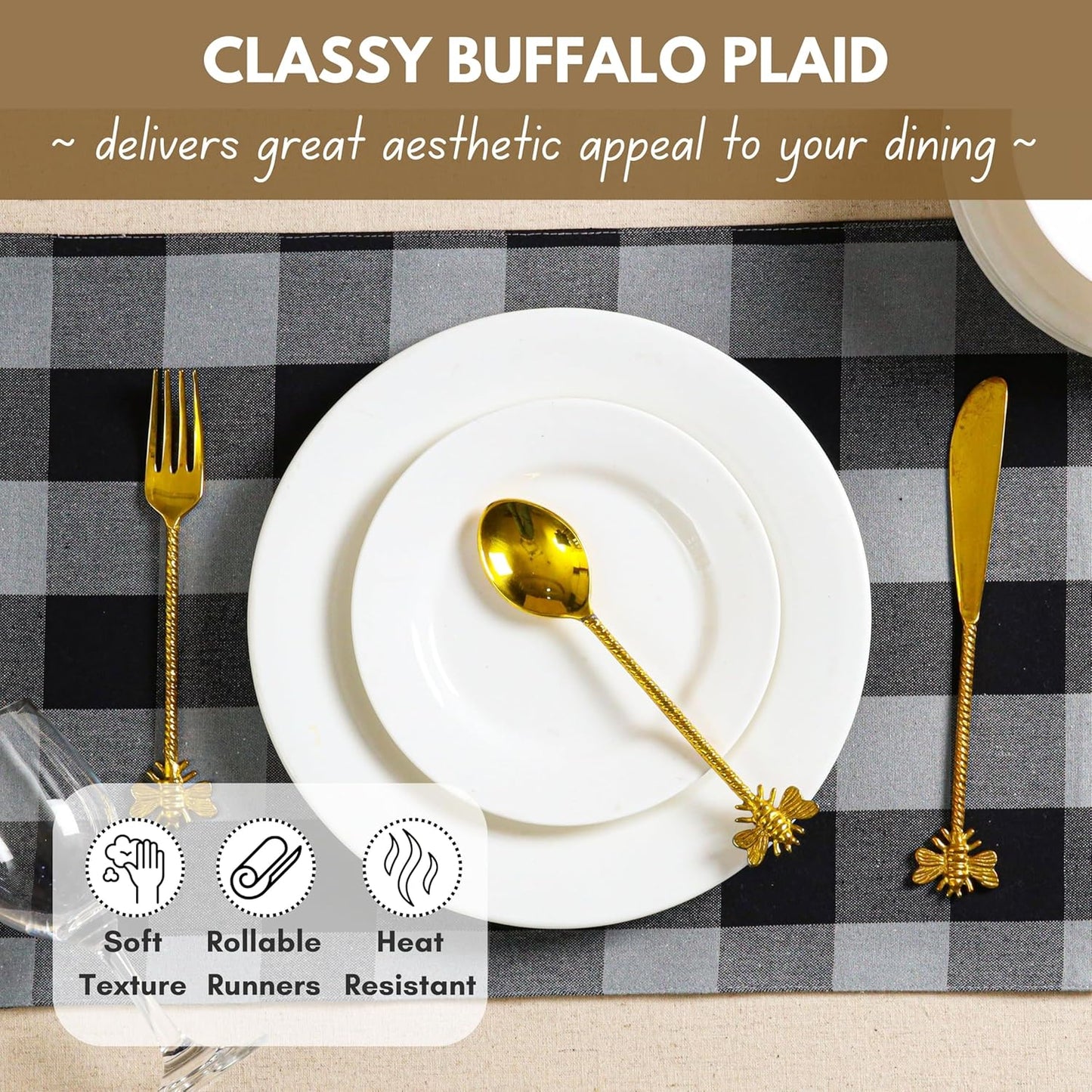 Native Fab Table Runner Buffalo Check Plaid 100% Cotton - 13x72 Inches Kitchen Dining Table Decoration for Indoor Outdoor Farmhouse Home Party Decor - Black, Grey