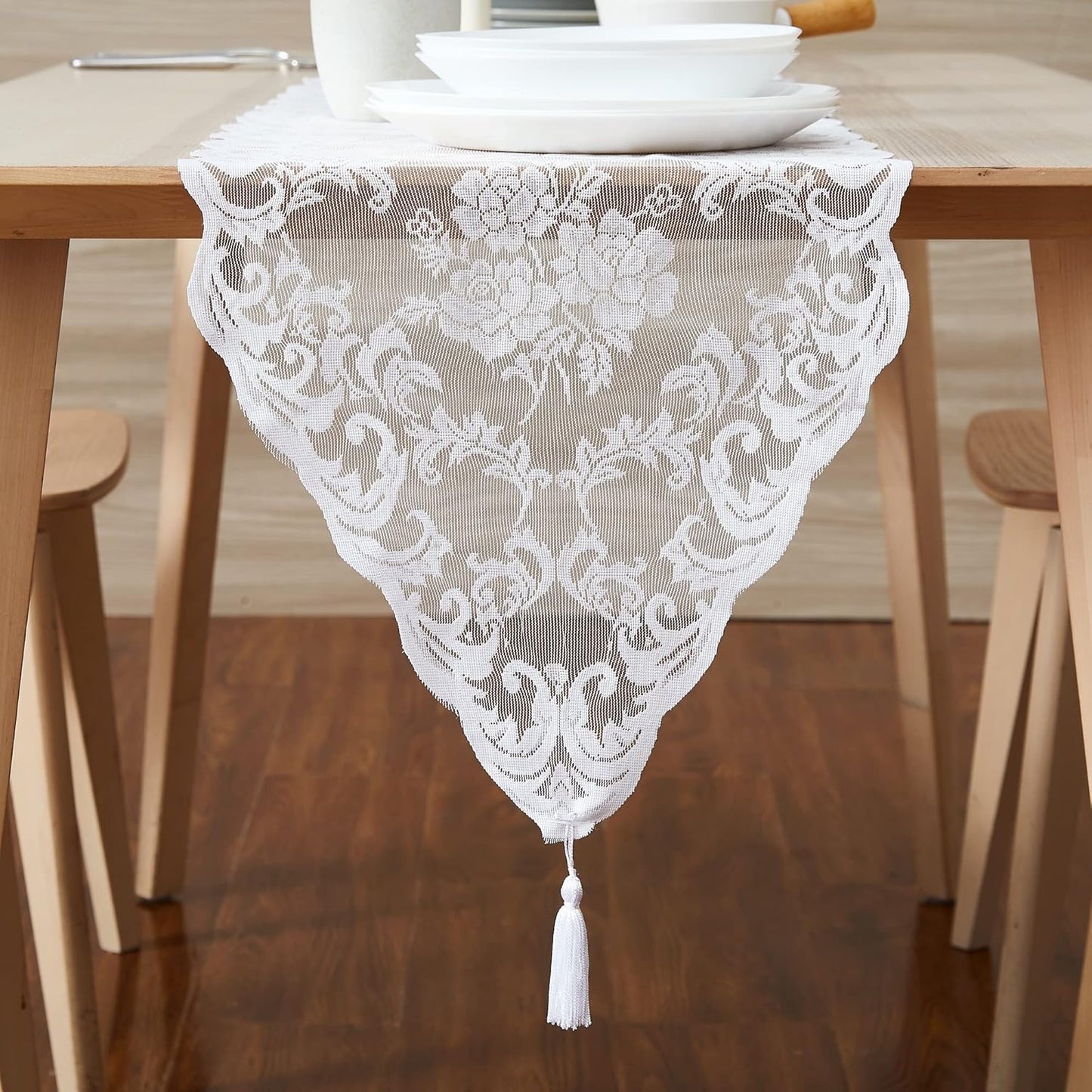 LinenZone White Table Runner with 2 Tassels for Rustic Vintage Decor. Lace Table Runner Works Great As Wedding, Thanksgiving, Christmas Decor(Mia 14 x 48, White)