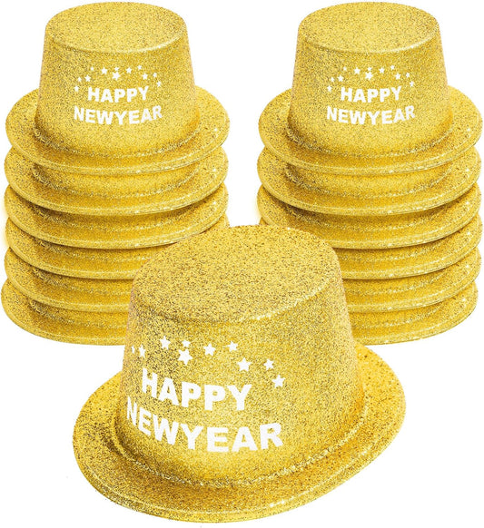 Hillban 12 Pcs Top Hats Halloween Glitter Plastic Retro Disco Party Hats for Halloween Magician Birthday Wedding Carnivals(Golden with Letter,Novel)