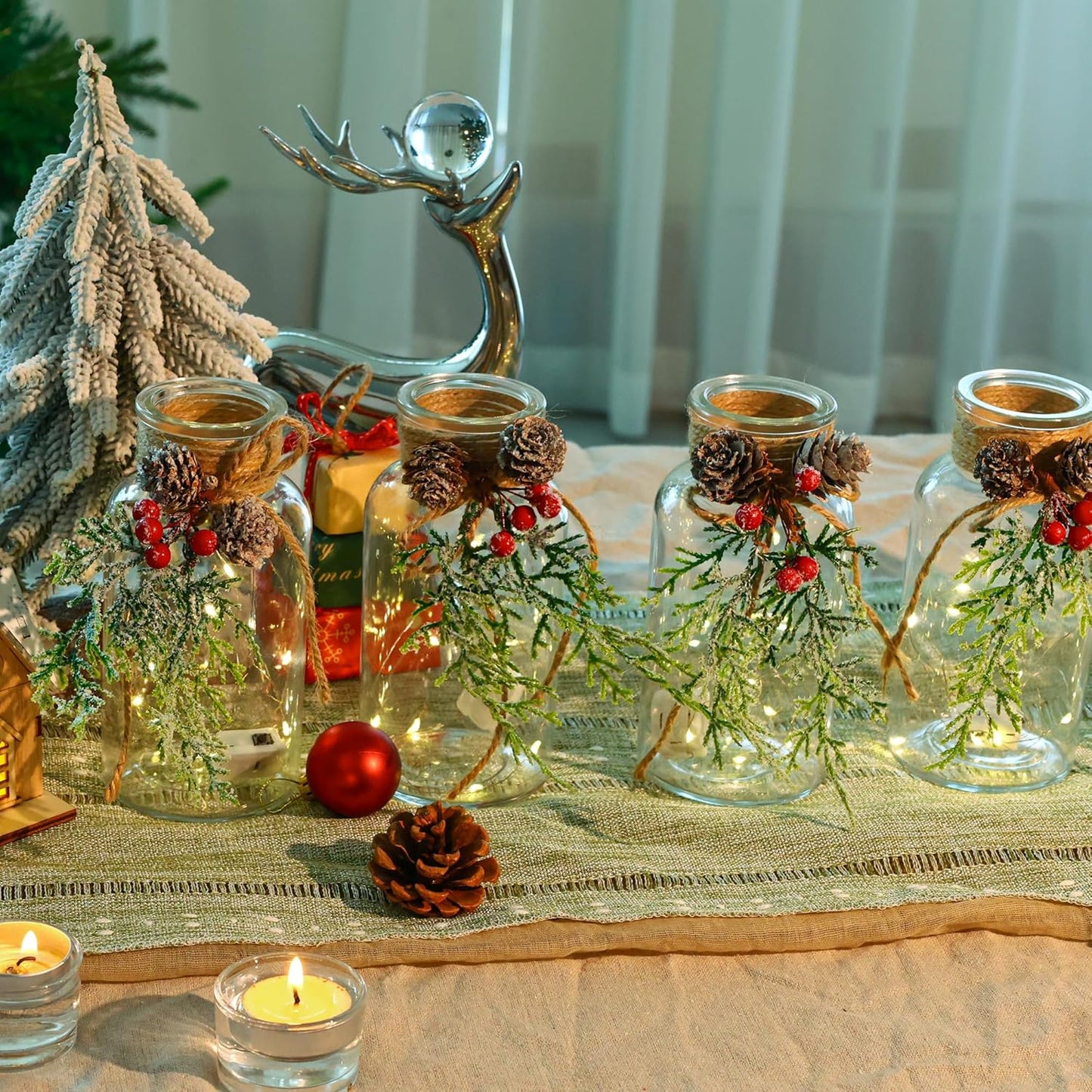 Set of 3 Xmas Decor Vases Christmas Centerpieces for Tables Farmhouse Holiday Table Decor Clear Glass Vases with Twine Ties for Christmas Decorations