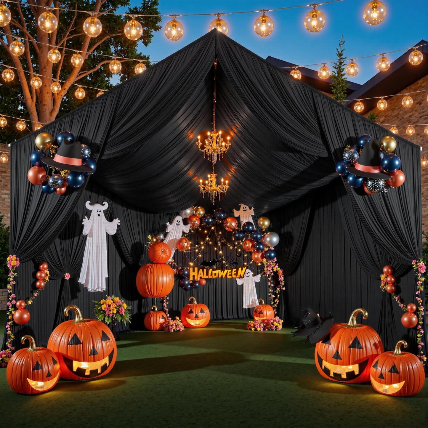 PartyVillage 10 Panels 5ftx30ft Black Ceiling Drapes for Halloween Parties – 30 FT Extra Long Thick Polyester Wrinkle-Free Drapery Tent Decor Decorations for Birthday Party Ceremony Stage Swag