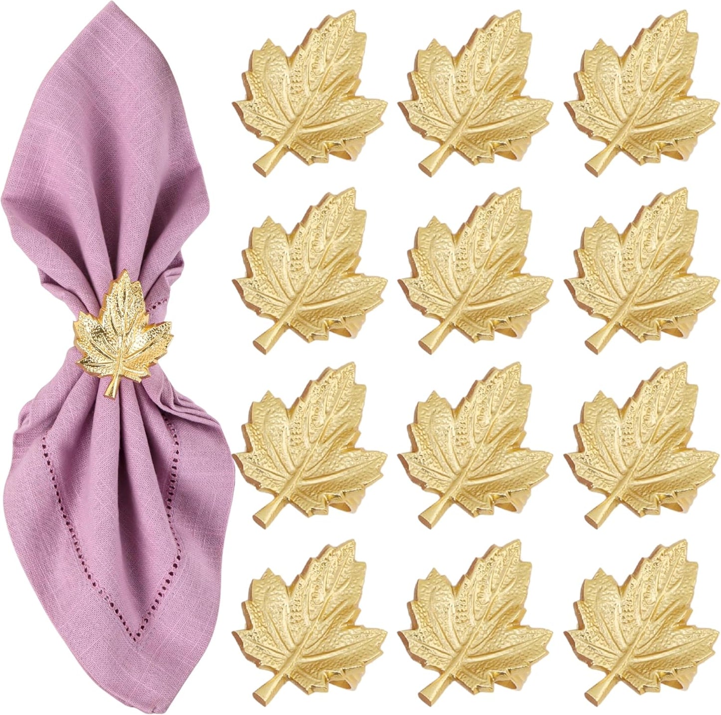 Set of 12 Maple Leaf Napkin Rings - Handcrafted Aluminum Napkin Holders for Cloth & Paper Napkins, Elegant Table Décor for Weddings, Thanksgiving, Christmas & Holiday Parties (Gold) - CLEENTABLE