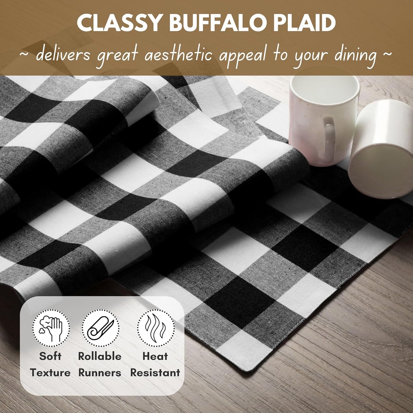Native Fab Table Runner Buffalo Check Plaid 100% Cotton - 13x72 Inches Kitchen Dining Table Decoration for Indoor Outdoor Farmhouse Home Party Decor - Black and White