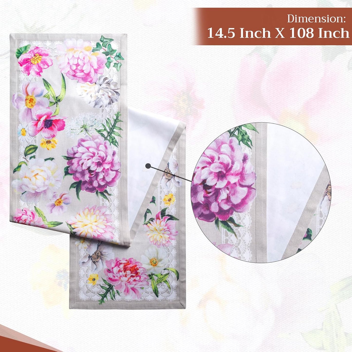 Maison d' Hermine Table Runner 100% Cotton Single Layer Table Runners 108 inches Long Decorative for Home Kitchen Dining Party Baby Shower Wedding Bridal Shower Spring Summer (Pivoine, 14.50" x 108")