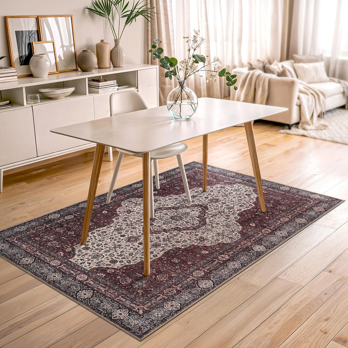 Bloom Rugs Washable Non-Slip 4' x 6' Rug - Red/Green/Cream Traditional Medallion Area Rug for Living Room, Bedroom, Dining Room, and Kitchen - Exact Size: 4' x 6'