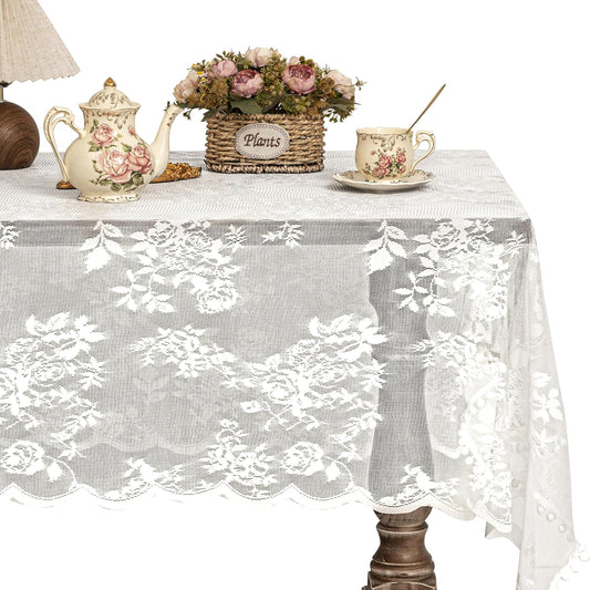 Jayla White Lace Tablecloth for Rectangular Tables, Vintage Style Wedding Table Cloths for Reception, Baby Shower, Birthday Party, Formal Dining, Dinner Parties 60 X 84 Inches