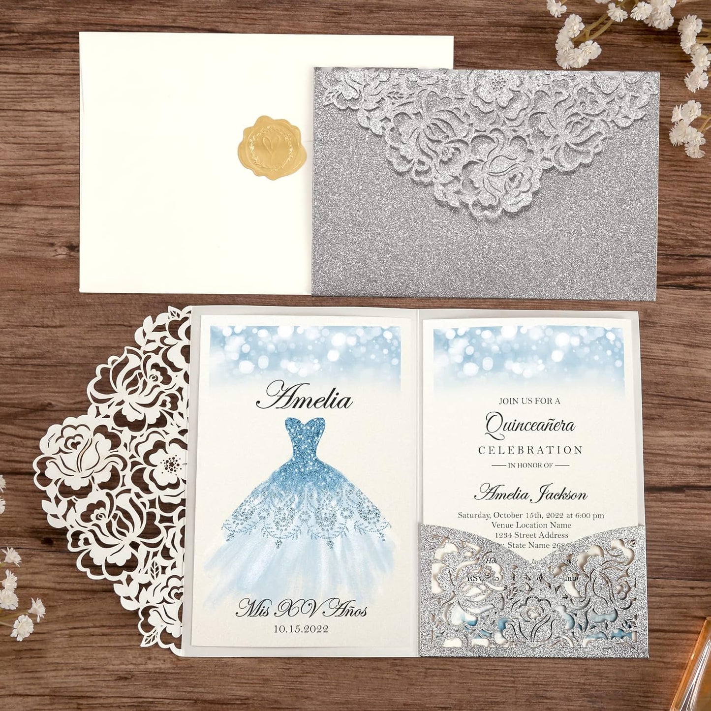DORIS HOME 50pcs Laser Cut Quinceanera Invitations Silver Glitter, 4.7x7.1 Personalized Quince Invitations for 15th Birthday, Invitation cards for Sweet 16 with Envelopes
