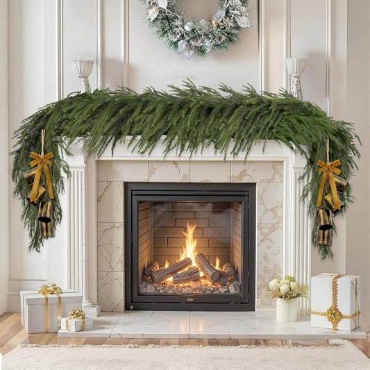 2 Pcs 6FT Christmas Garlands Norfolk Pine Garland - Real Touch Winter Pine Garland, Artificial Norfolk Tree for Indoor Outdoor Holiday Decor, Fireplace Mantel, Door, Porch (Yellow Bell)