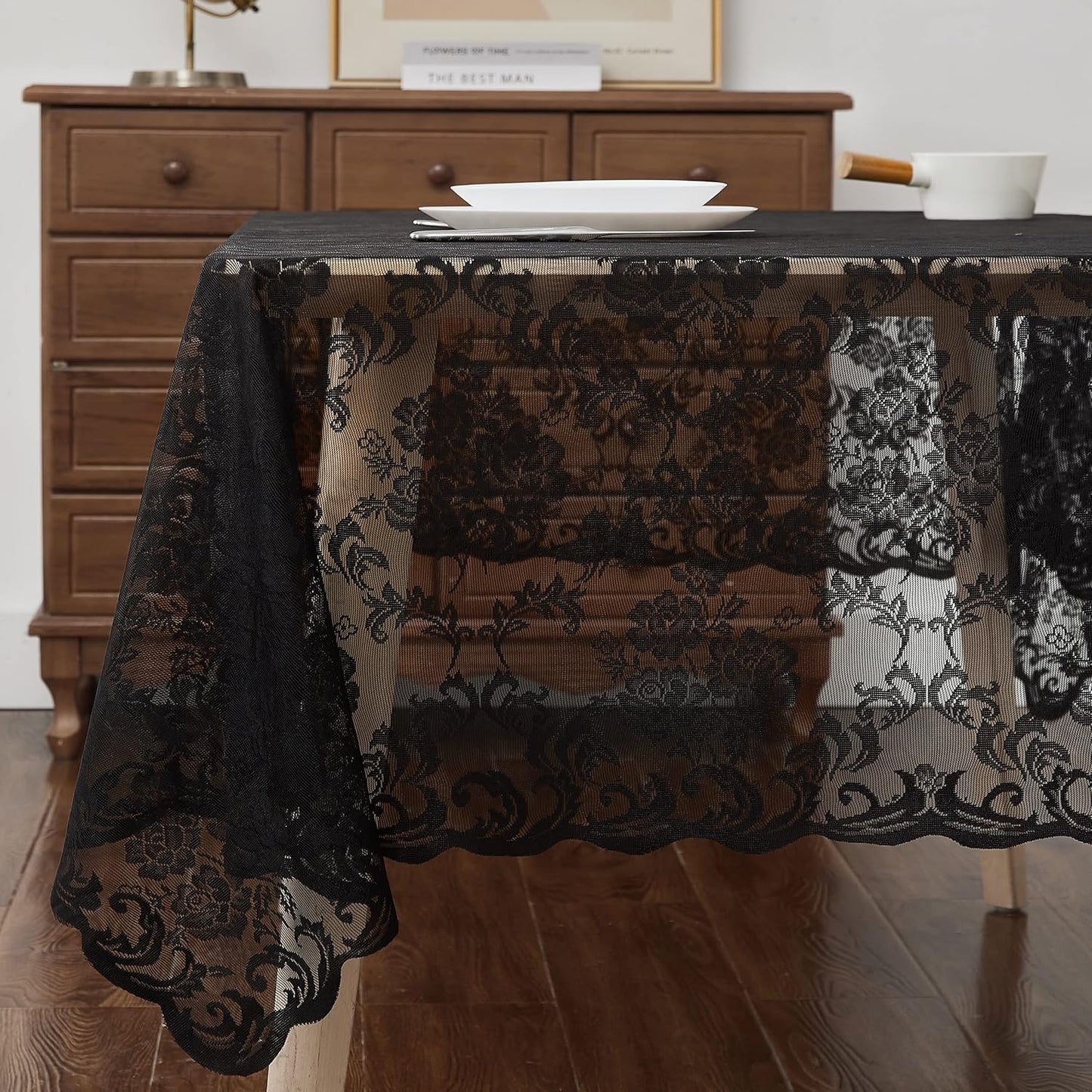 LinenZone Black Rectangle Tablecloth for Rustic Vintage Decor. Sheer Lace Tablecloth Works Great As Wedding Tablecloth, Thanksgiving Tablecloth or Baby Shower Tablecloth (Mia TC 54 x 72, Black)