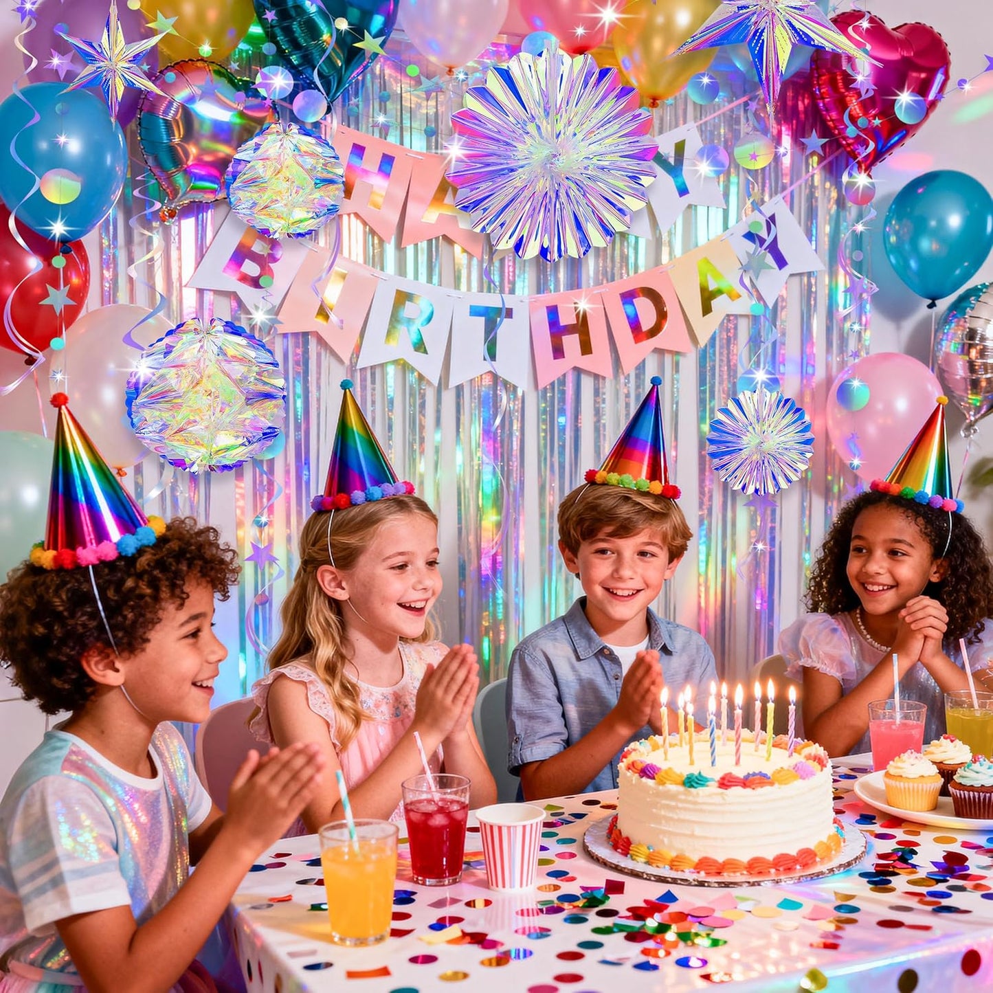 BTSD-home 29 Pcs Iridescent Party Decorations with Hanging Honeycomb Ball Decorative Paper Fan Snowflake Hexagonal Star Garlands Ribbons Birthday Wedding Graduation Bachelorette Disco Party Supplies