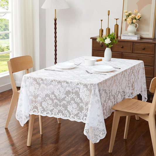 LinenZone White Rectangle Tablecloth for Rustic Vintage Decor. Sheer Lace Works Great As Wedding, Thanksgiving, or Christmas Tablecloth (Mia TC 60 x 144, White)