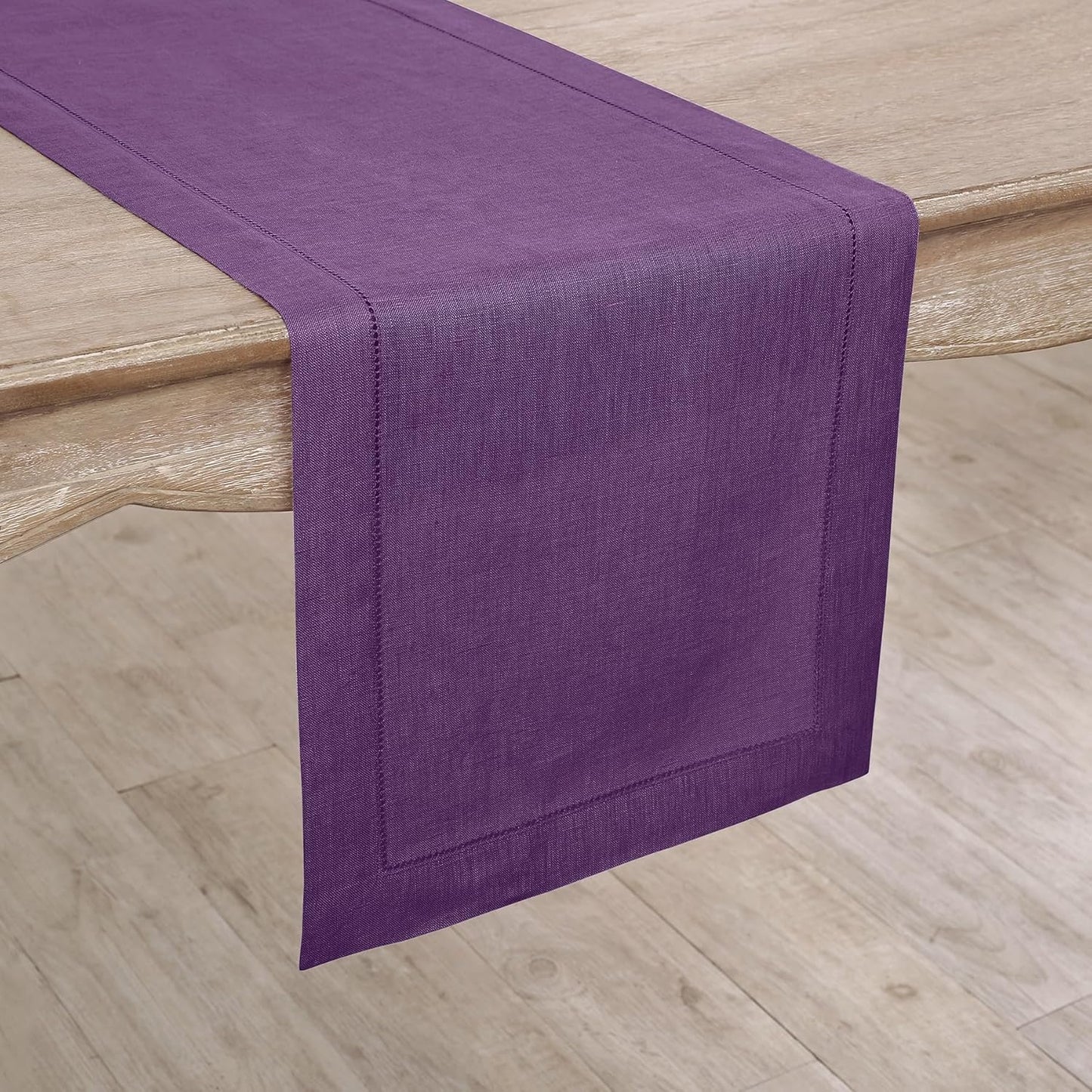 Solino Home Linen Purple Table Runner 108 Inches Long - 100% Pure Linen Hemstitch 14 x 108 Inch Table Runner for Dining, Fall, Autumn, Halloween, Thanksgiving, Holiday - Classic Hemstitch