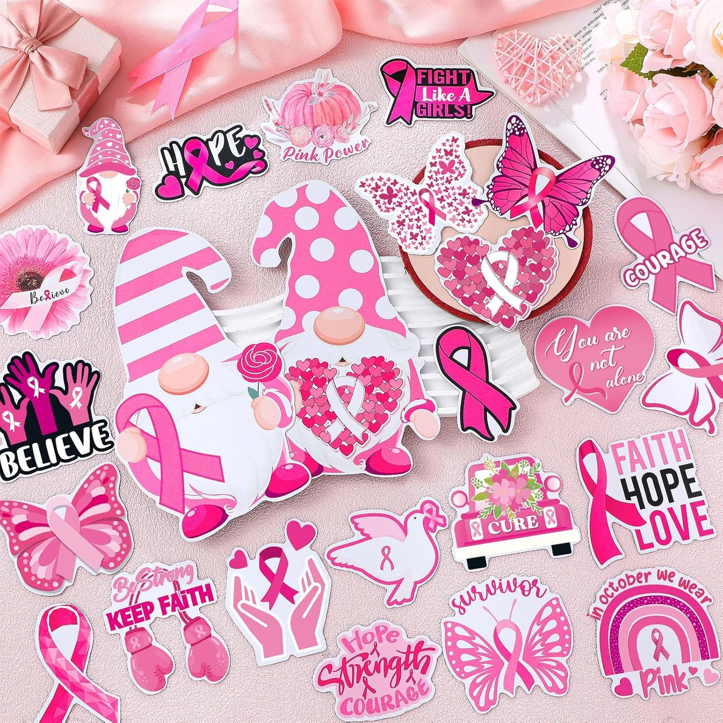 Xuhal 25 Pcs Breast Cancer Awareness Magnets Decoration Pink Gnome Ribbon Butterfly Flower Love Decorative Fridge Magnetic Stickers for Mailbox Car Metal Garage Door Decoration