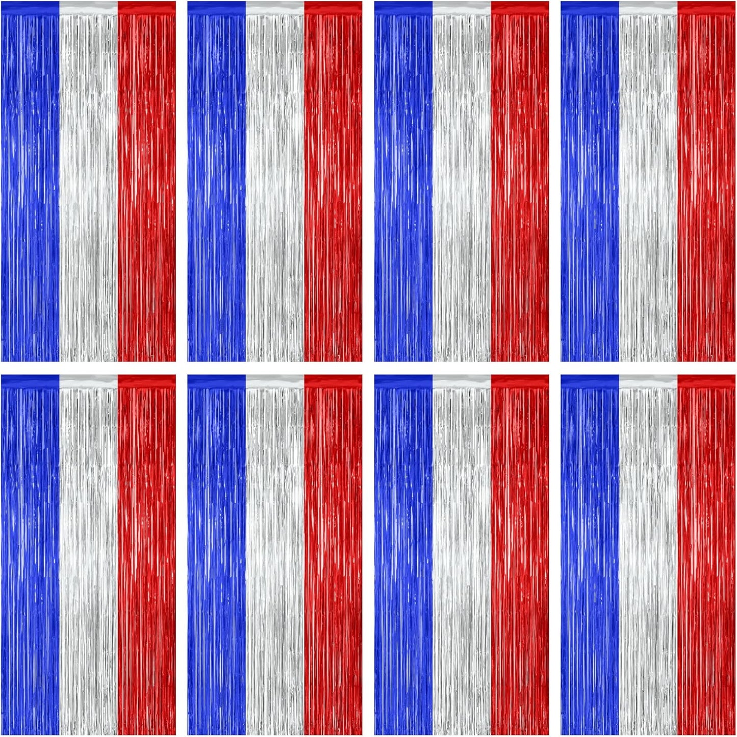 8 Pack 4th of July Photo Backdrop, 3.28 FT x 7.08 FT Fourth of July Decorations, Metallic Blue Silver Red Patriotic Tinsel Backdrop Foil Curtains, Patriotic Independence Day Decorations
