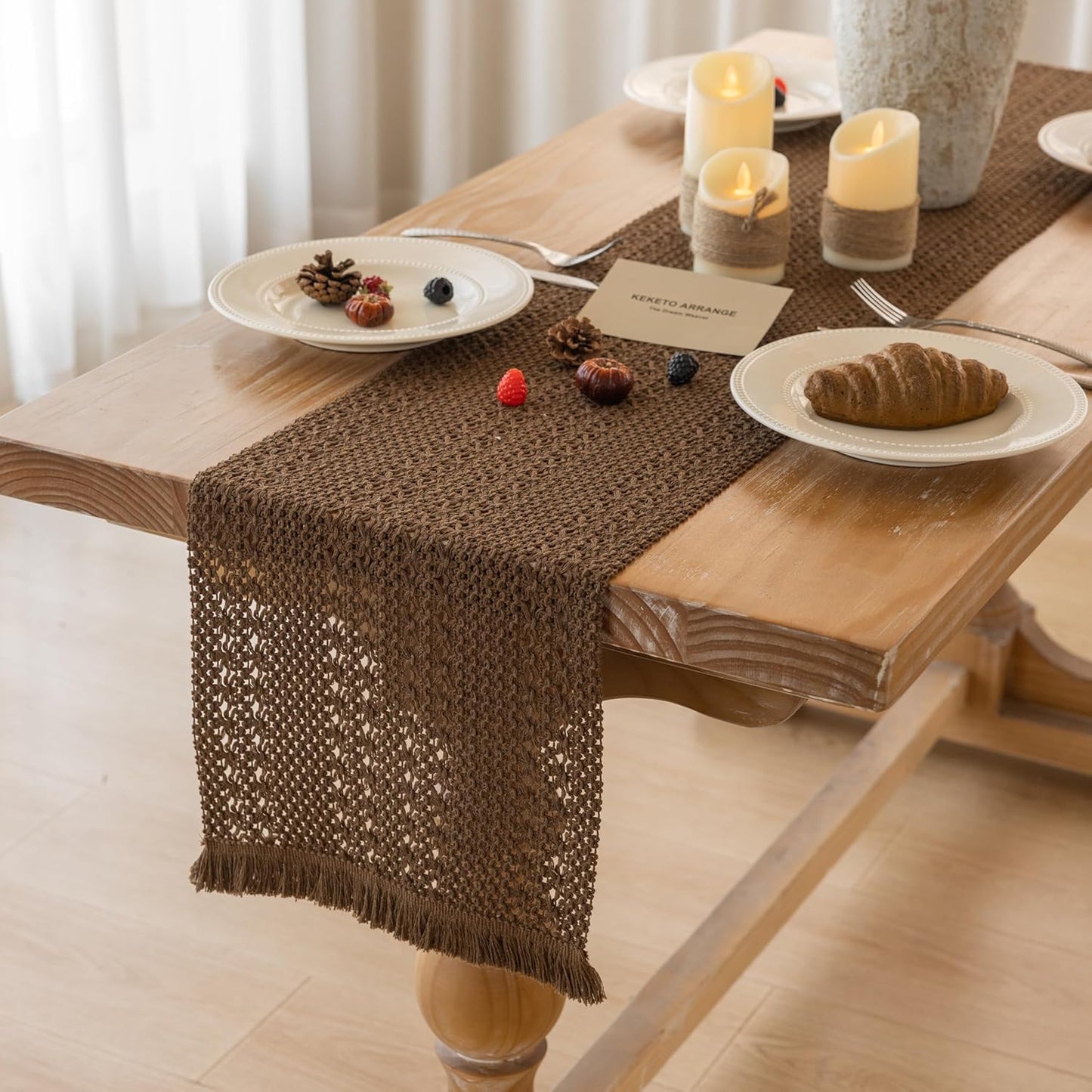 Boho Brown Table Runner for Home Decor 12x48 Inches Farmhouse Macrame Burlap Jute Rustic Dining Kitchen Centerpiece Bohemian Decor French Country Baby Bridal Shower Decorations