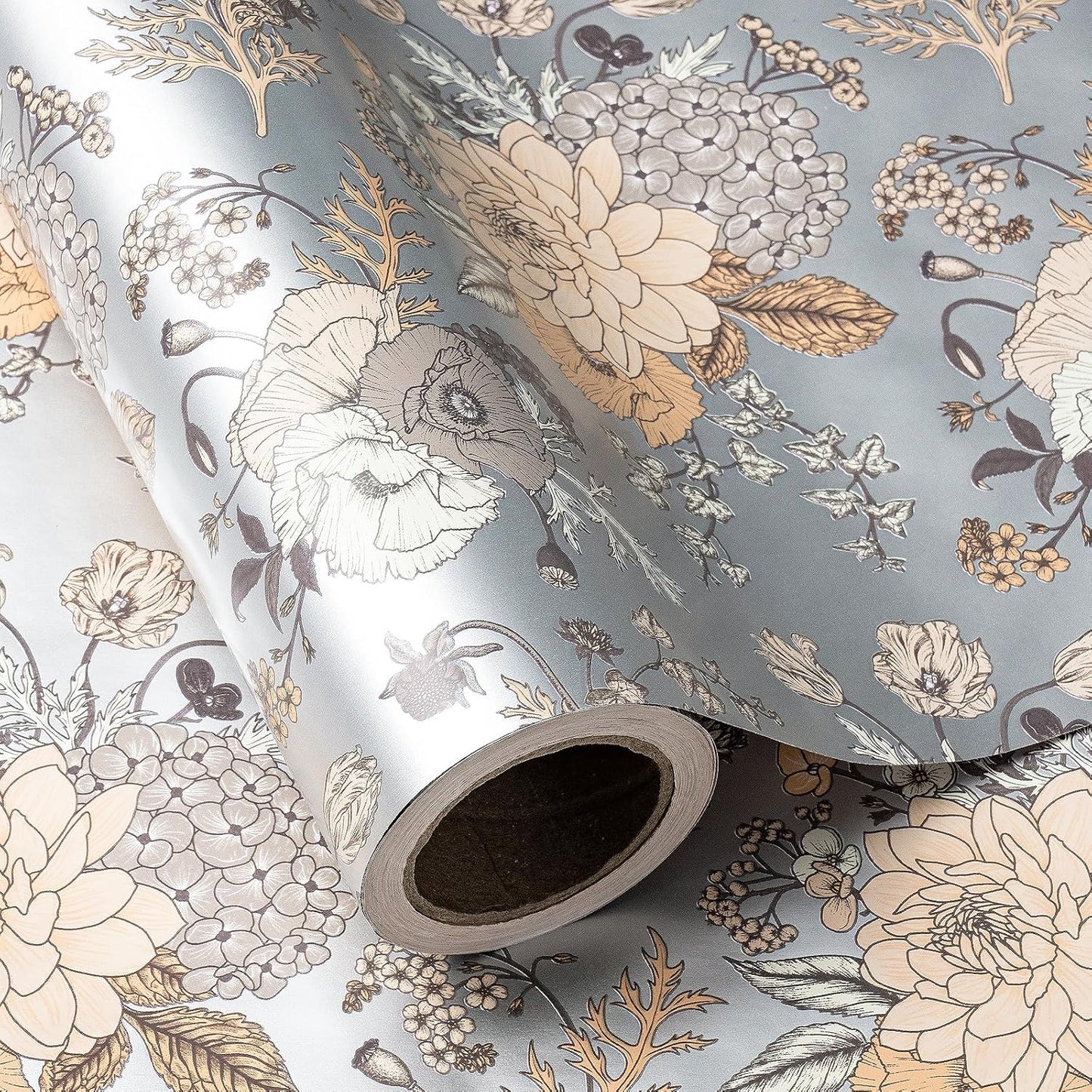 WRAPAHOLIC 30 Inch Jumbo Floral Wrapping Paper - 30 Inch X 33 Feet - Pearlized Silver Vintage Floral Wedding Wrapping Paper for Birthday, Bridal Shower, Baby Shower