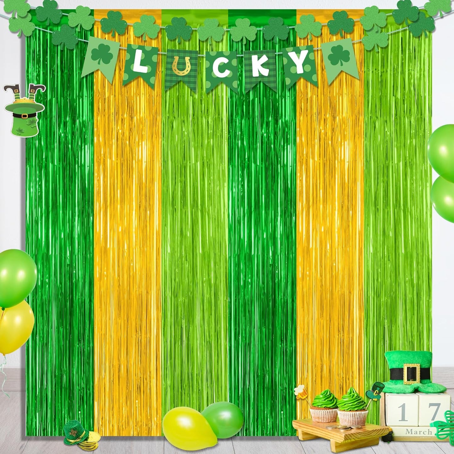 2 Pack St Patrick Party Decorations, 3.28 FT x 7.05 FT Green Gold Light Green Backdrop Curtains, Metallic St.Patrick Fringe Curtains Party Streamer Tinsel Backdrop, St Patrick Party Supplies