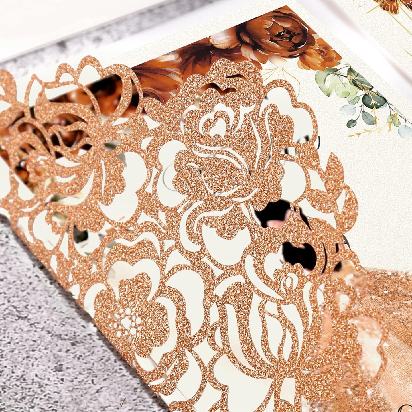 DORIS HOME 50pcs Laser Cut Quinceanera Invitations Terracotta Glitter, 4.7x7.1 Personalized Quince Invitations for 15th Birthday, Invitation cards for Sweet 16 with Envelopes