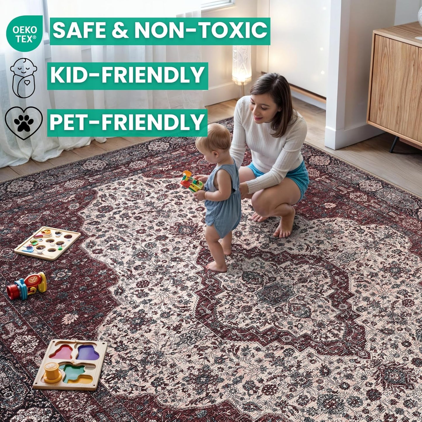 Bloom Rugs Washable Non-Slip 10 ft Runner - Red/Green/Cream Traditional Medallion Runner for Entryway, Hallway, Bathroom, and Kitchen - Exact Size: 2.5' x 10'