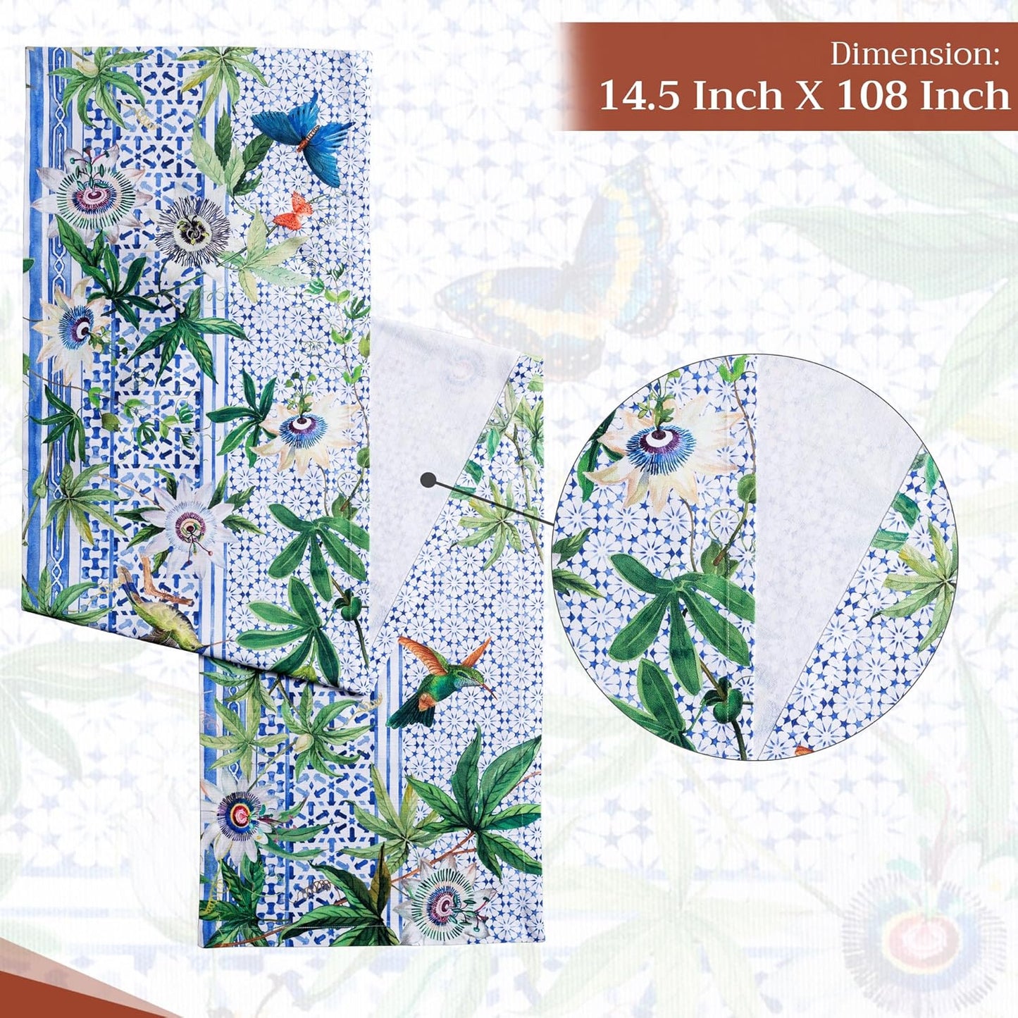 Maison d' Hermine Table Runner 100% Cotton Single Layer Table Runners 108 inches Long Decorative for Home Kitchen Dining Party Wedding Bridal Shower Spring Summer (Passiflora, 14.50" x 108")