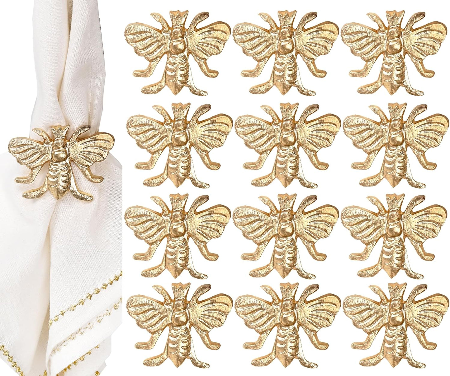 Gold Napkin Rings Set of 12 - Elegant Bee Napkin Rings with Sturdy Lightweight Metal Design - Durable & Versatile for Table Settings, Special Occasions, Decor & Gift Giving Ideas - CLEENTABLE