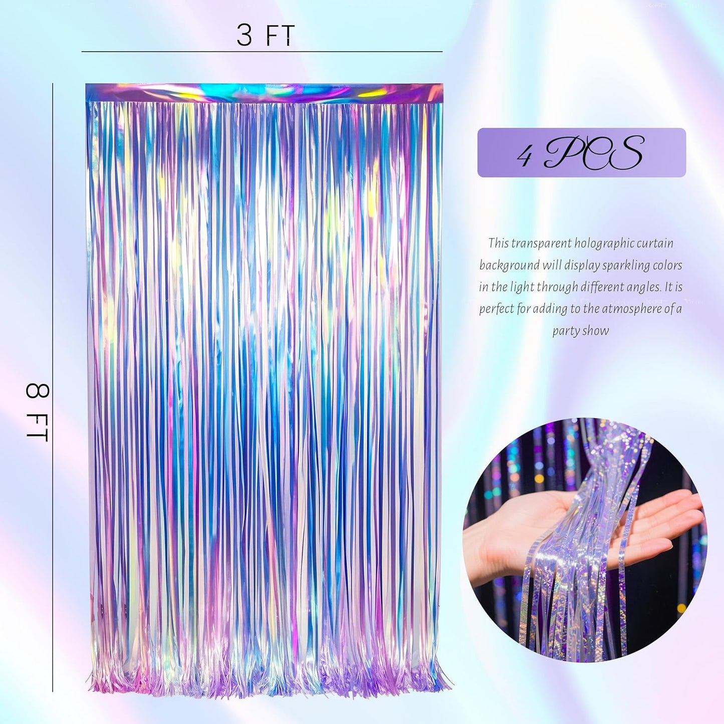 BTSD-home 4 Pack Iridescent Party Streamers Tinsel Foil Fringe Curtain Holographic Backdrop Metallic Shiny Photo Booth for Wedding Birthday Baby Shower Bachelorette Theme Party Decorations