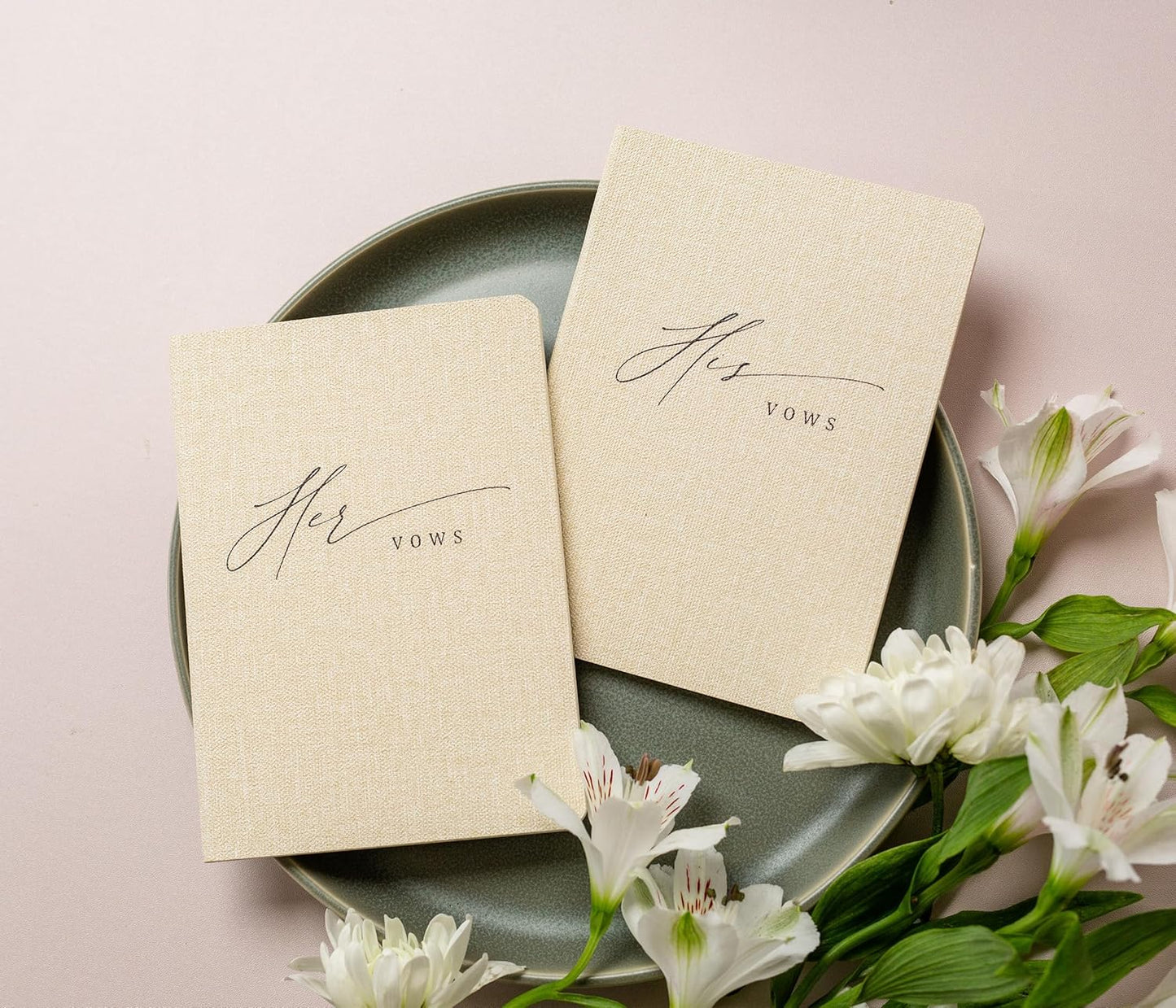 Slim Vow Books (Set of 2 - Design 5) - Soft Cream Canvas Linen Textured Cover Wedding Vow Booklets, Ceremony Speech Promise Notebook Journal, Gift for Newly Engaged Couple, 48 Lined Pages, 5.75" x 4"