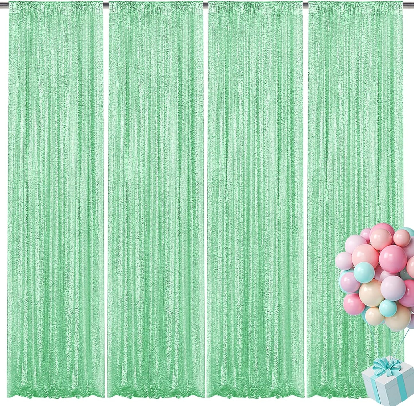 Mint Green Sequin Backdrop Curtain 4 Pieces 2FTx8FT Glitter Photography Backdrop for Party Wedding Birthday Christmas Decorations