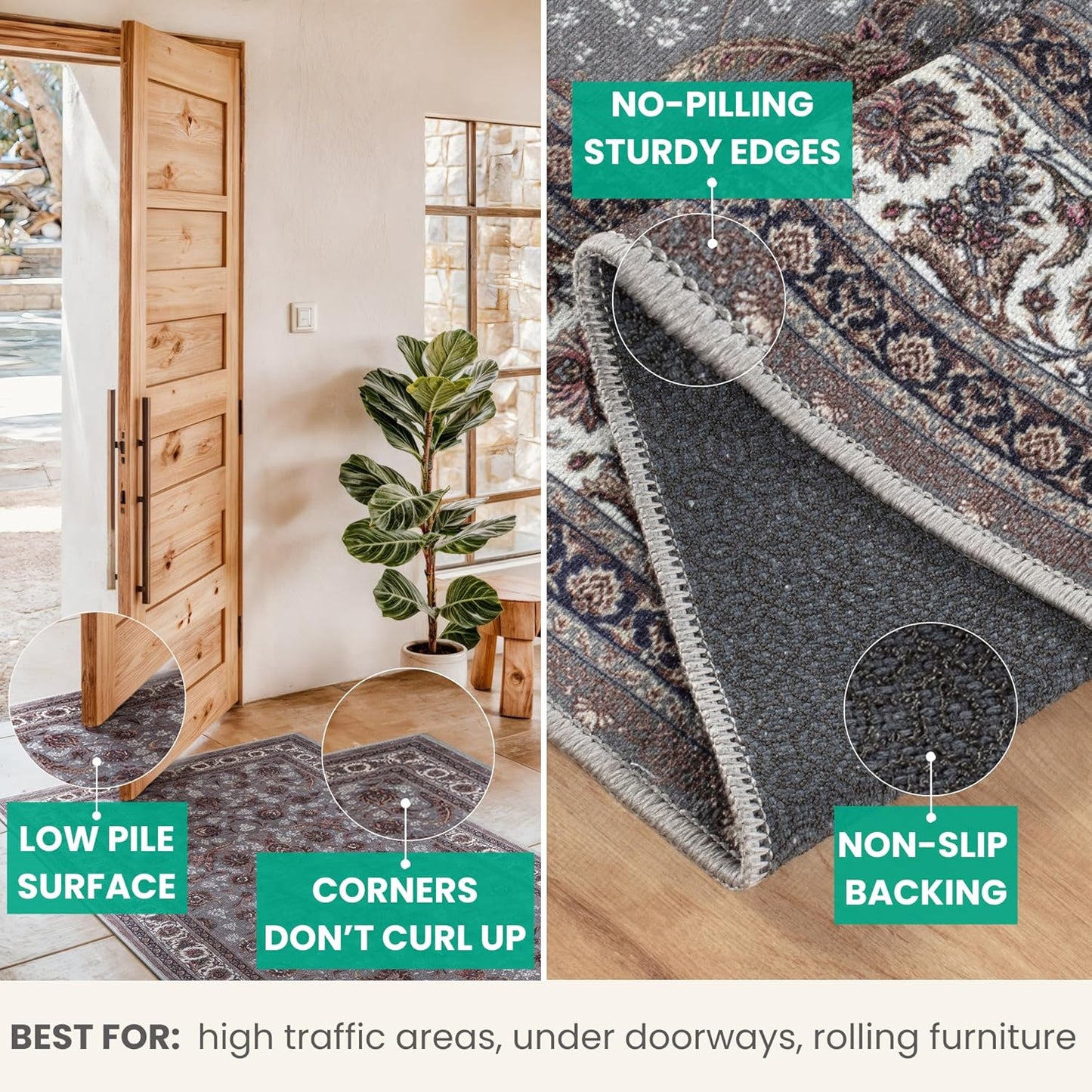 Bloom Rugs Washable Non-Slip 12 ft Runner - Slate Gray Traditional Oriental Runner for Entryway, Hallway, Bathroom, and Kitchen - Exact Size: 2.5' x 12'