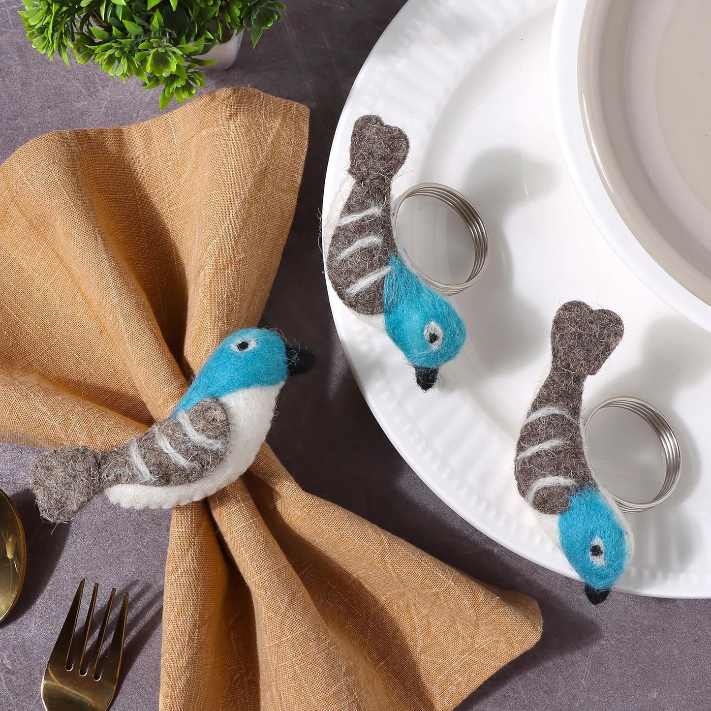 Wool Felt Napkin Ring Set of 8 - Bird Napkin Holder for Dining Table with Silver Electroplated Metal Base - Perfect for Spring, Holiday Parties, Rustic Event (White Blue Grey Black) - CLEENTABLE