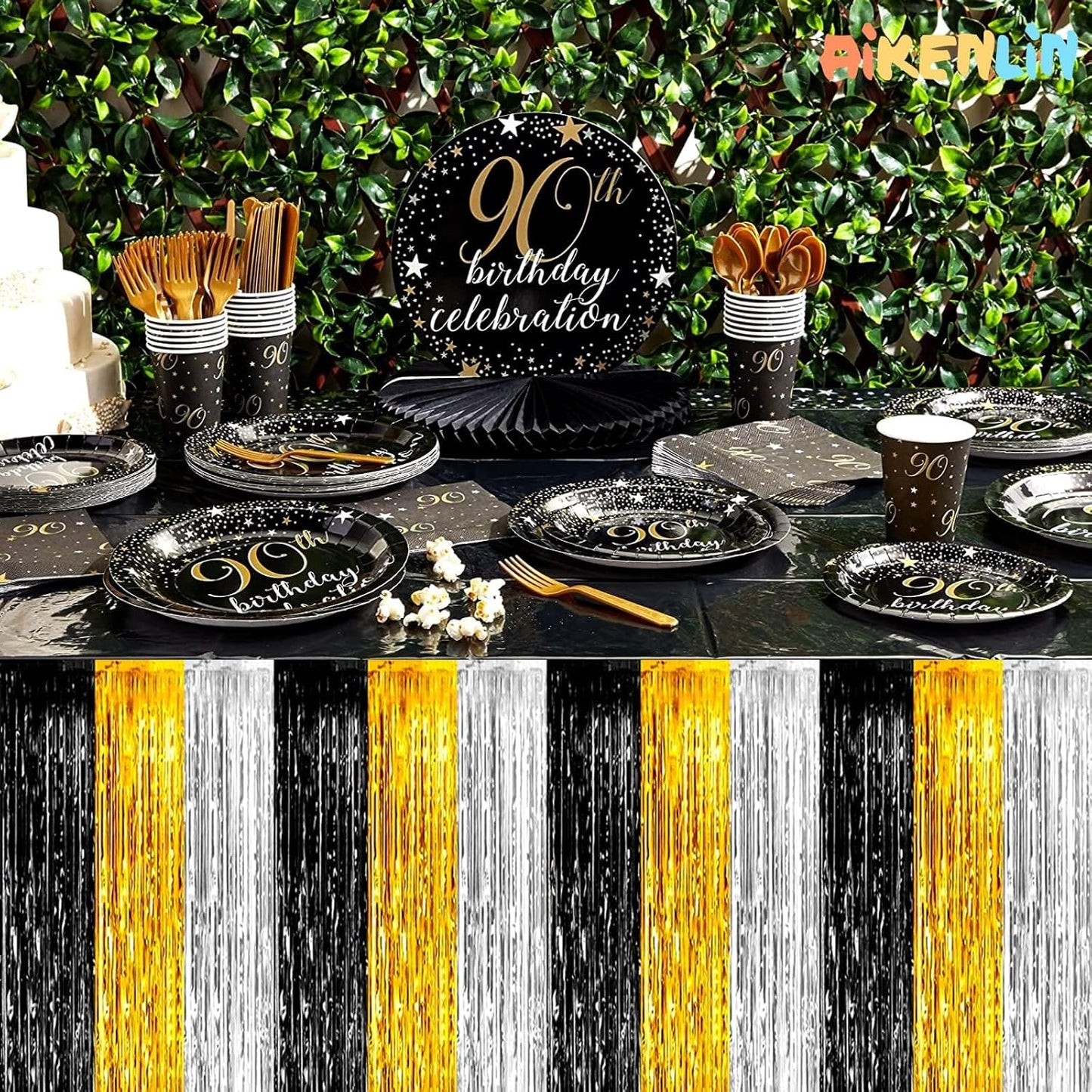 6 Pack 29x108 Inch Metallic Foil Fringe Tinsel Table Skirts Banner for Rectangle Tables Streamer Garland for Birthday, Parade Floats, Valentine's Day Party Decoration(Black Gold Silver)