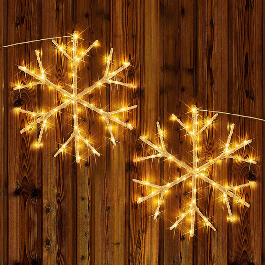Fudios Snowflake Lights Warm White Battery Operated with Timer 70 LED 14in for Christmas Wall Window Decoration 2sets